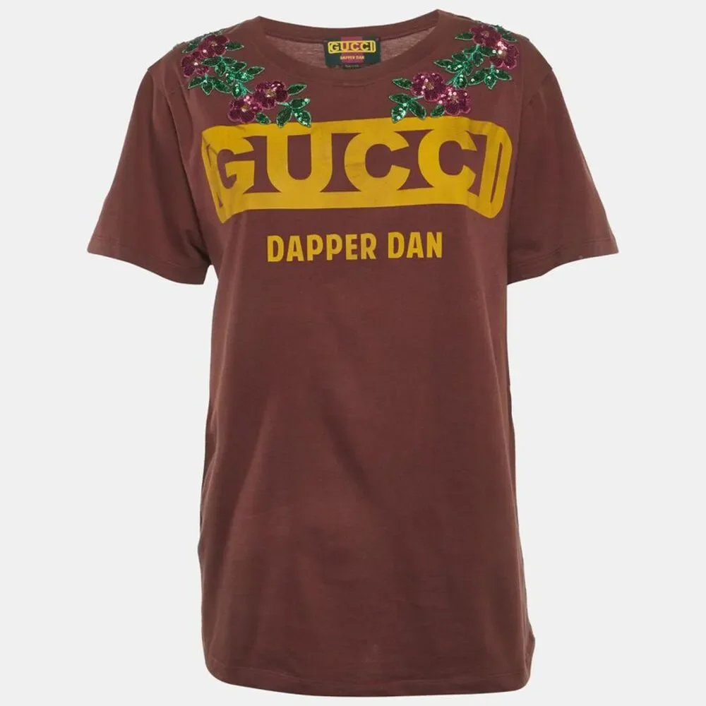 Gucci Dapper Dan Brown Logo Print Jersey Sequin T-Shirt Xs